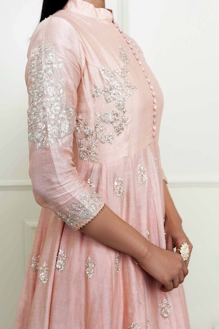 Buy_Sheetal Batra_Pink Organza, Crushed Cotton, Chanderi Mandarin Collar Anarkali Set _Online_at_Aza_Fashions
