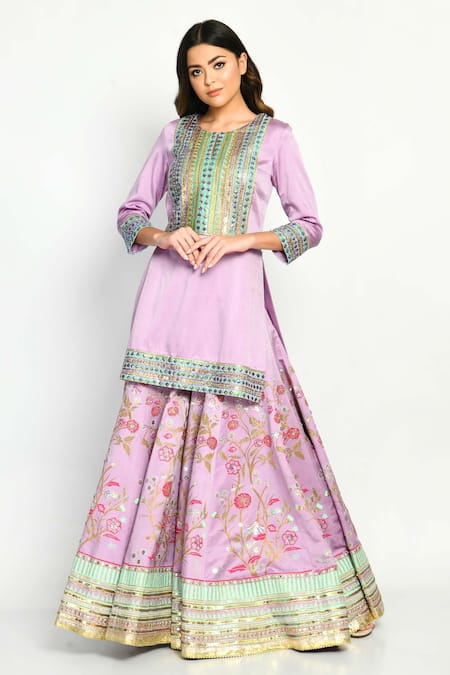 Moledro_Purple Modal Satin, Butterfly Net Floral, Khwaish Embroidered Kurta Sharara Set_Online_at_Aza_Fashions