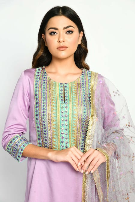 Buy_Moledro_Purple Modal Satin, Butterfly Net Floral, Khwaish Embroidered Kurta Sharara Set_Online_at_Aza_Fashions