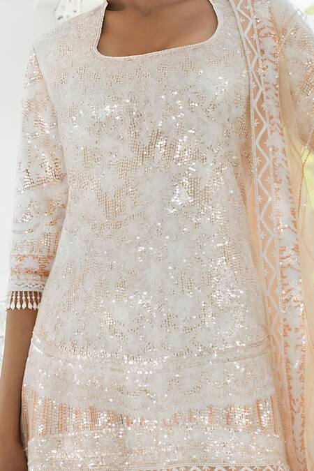 Shop Manish Malhotra Peach Net Embroidered Kurta Sharara Set at Aza Fashions Shop_Manish Malhotra_Peach Net Embroidered Kurta Sharara Set_at_Aza_Fashions