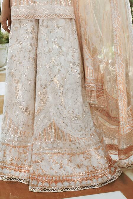 Manish Malhotra Peach Net Embroidered Kurta Sharara Set Online at Aza Fashions Manish Malhotra_Peach Net Embroidered Kurta Sharara Set_Online_at_Aza_Fashions