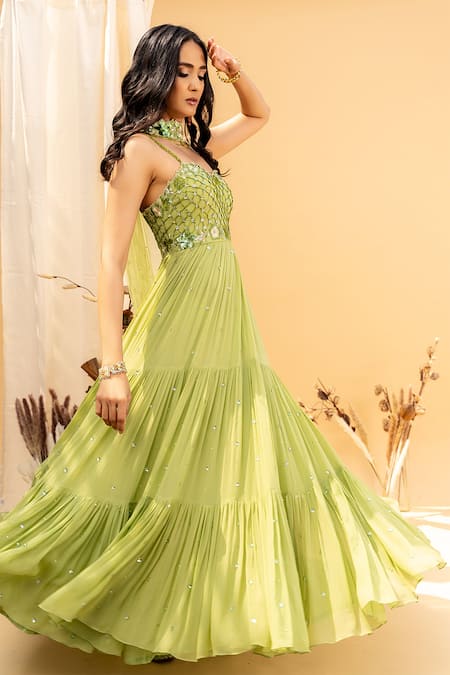Shop Silky Bindra Green Georgette, Shantoon, Tulle Net Embellished Anarkali With Dupatta at Aza Fashions Shop_Silky Bindra_Green Georgette, Shantoon, Tulle Net Embellished Anarkali With Dupatta _at_Aza_Fashions