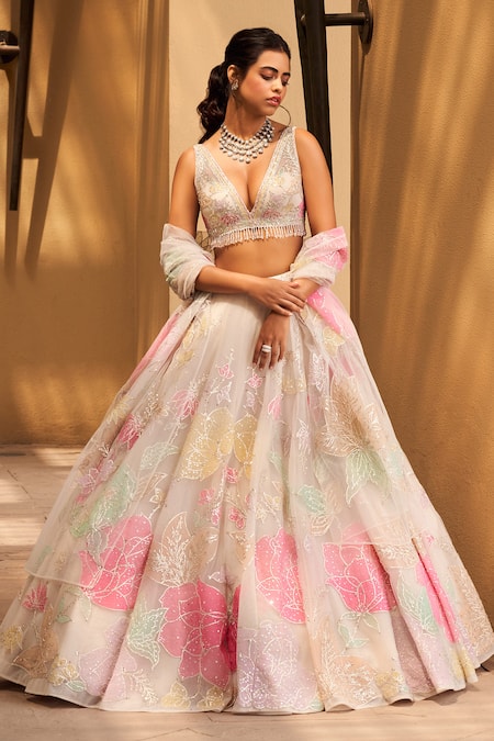 Shop Seema Gujral Pink Net V Neck Floral Applique Lehenga Set at Aza Fashions Shop_Seema Gujral_Pink Net V Neck Floral Applique Lehenga Set _at_Aza_Fashions