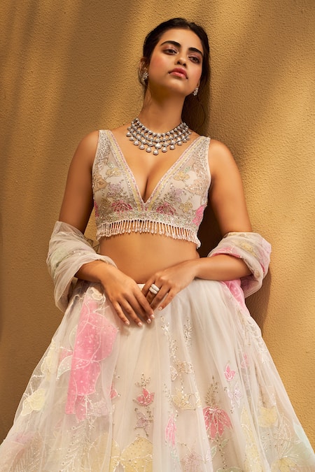 Buy Seema Gujral Pink Net V Neck Floral Applique Lehenga Set Online at Aza Fashions Buy_Seema Gujral_Pink Net V Neck Floral Applique Lehenga Set _Online_at_Aza_Fashions