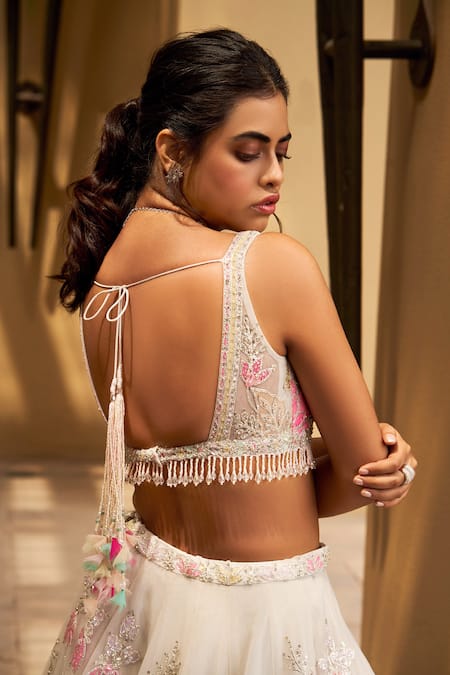 Seema Gujral Pink Net V Neck Floral Applique Lehenga Set at Aza Fashions Seema Gujral_Pink Net V Neck Floral Applique Lehenga Set _at_Aza_Fashions