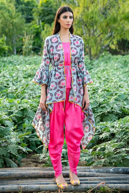 Rang Swati Vijaivargie_Grey Modal Satin, Silk Chanderi Open Jacket And Dhoti Pant Set _Online_at_Aza_Fashions