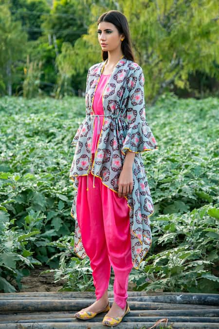 Buy_Rang Swati Vijaivargie_Grey Modal Satin, Silk Chanderi Open Jacket And Dhoti Pant Set _Online_at_Aza_Fashions