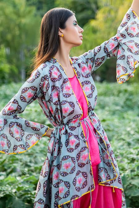 Shop_Rang Swati Vijaivargie_Grey Modal Satin, Silk Chanderi Open Jacket And Dhoti Pant Set _Online_at_Aza_Fashions