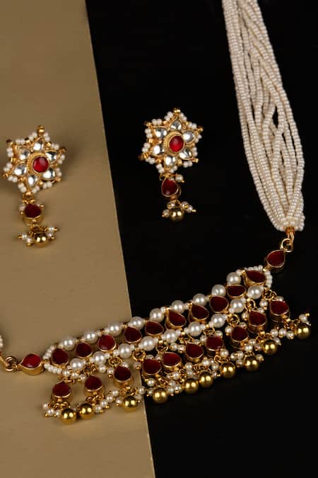 Buy_Namasya_Gold Plated Pearls, Beads, Diamonds Kundan Pendant Necklace Set _Online_at_Aza_Fashions