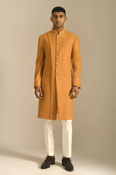 Dhruv Vaish Yellow Silk Sherwani Set