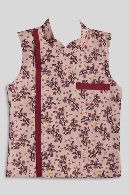 Champscloset_Beige Cotton Floral Printed Bundi And Kurta Set_Online_at_Aza_Fashions