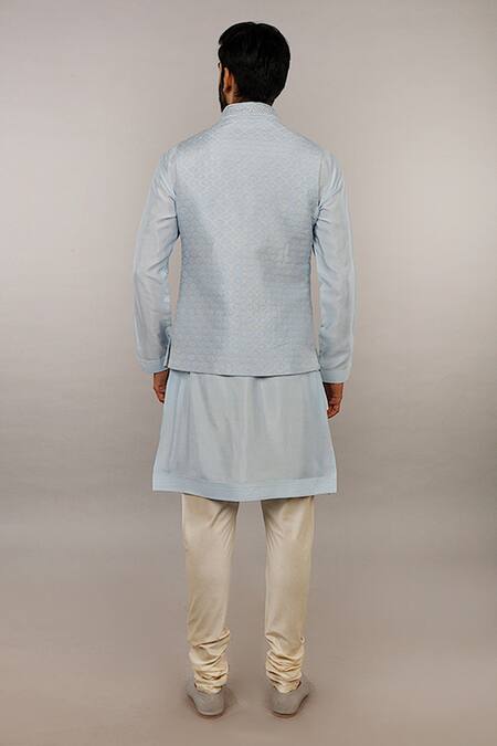 Shop Vanshik Blue Cotton Silk Embroidered Bundi And Kurta Set at Aza Fashions Shop_Vanshik_Blue Cotton Silk Embroidered Bundi And Kurta Set _at_Aza_Fashions