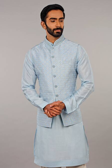 Vanshik Blue Cotton Silk Embroidered Bundi And Kurta Set Online at Aza Fashions Vanshik_Blue Cotton Silk Embroidered Bundi And Kurta Set _Online_at_Aza_Fashions