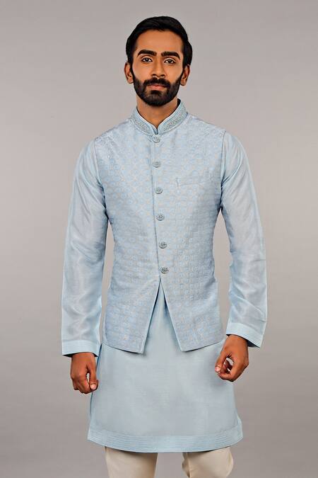 Buy Vanshik Blue Cotton Silk Embroidered Bundi And Kurta Set Online at Aza Fashions Buy_Vanshik_Blue Cotton Silk Embroidered Bundi And Kurta Set _Online_at_Aza_Fashions