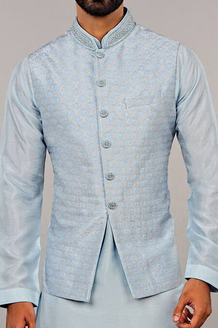 Shop Vanshik Blue Cotton Silk Embroidered Bundi And Kurta Set Online at Aza Fashions Shop_Vanshik_Blue Cotton Silk Embroidered Bundi And Kurta Set _Online_at_Aza_Fashions