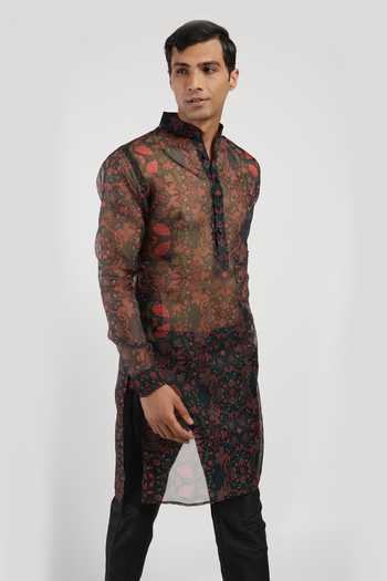 Rabani & Rakha_Black Kurta Organza Churidar Cotton Silk Printed Set _Online_at_Aza_Fashions