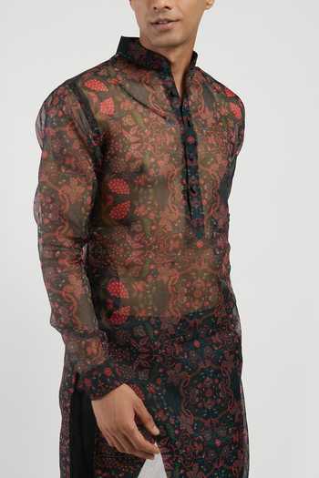 Buy_Rabani & Rakha_Black Kurta Organza Churidar Cotton Silk Printed Set _Online_at_Aza_Fashions