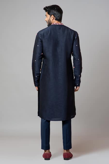 Shop_PAARSH_Blue Kurta Bamberg Silk Pajama Pant Malai Cotton Embroidered Set _at_Aza_Fashions