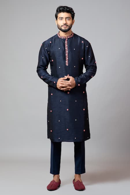 PAARSH_Blue Kurta Bamberg Silk Pajama Pant Malai Cotton Embroidered Set _Online_at_Aza_Fashions