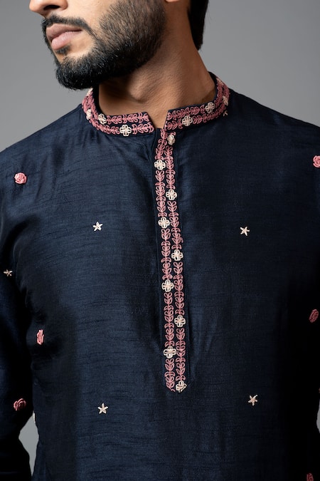 Buy_PAARSH_Blue Kurta Bamberg Silk Pajama Pant Malai Cotton Embroidered Set _Online_at_Aza_Fashions