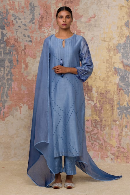 Devnaagri Blue Chanderi Round Printed Kurta Set 