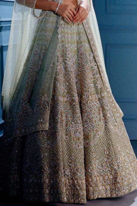 Shop Angad Singh Green Net Interlining Satin V Neck Embroidered Cape And Lehenga Set Online at Aza Fashions Shop_Angad Singh_Green Net Interlining Satin V Neck Embroidered Cape And Lehenga Set _Online_at_Aza_Fashions