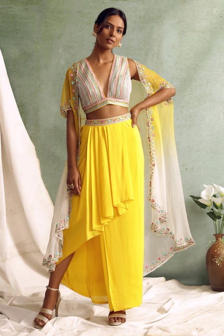 Priyanka Jain Yellow Cape Organza, Skirt Crepe Chanderi V Neck And Draped Set