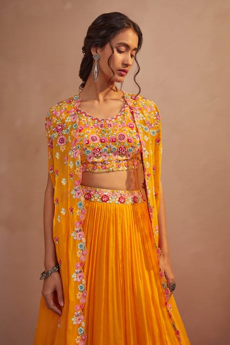 Aneesh Agarwaal_Yellow Organza Thread, Sequin And Mirror Round Embroidered Cape Lehenga Set _Online_at_Aza_Fashions