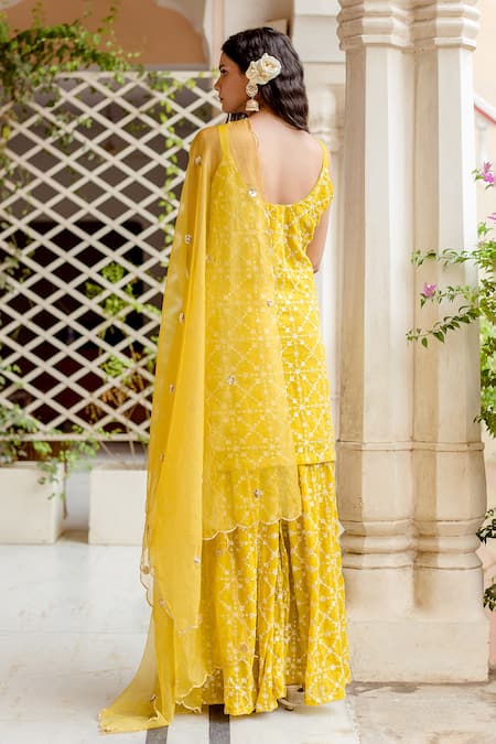 Shop Gulabo Jaipur Yellow Dupatta Organza, Kurta And Sharara Georgette Bahaar Embroidered Set at Aza Fashions Shop_Gulabo Jaipur_Yellow Dupatta Organza, Kurta And Sharara Georgette Bahaar Embroidered Set _at_Aza_Fashions
