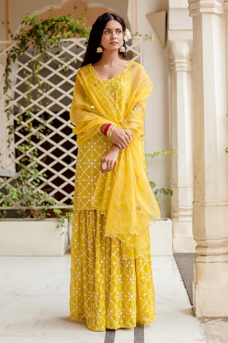 Gulabo Jaipur Yellow Dupatta Organza, Kurta And Sharara Georgette Bahaar Embroidered Set Online at Aza Fashions Gulabo Jaipur_Yellow Dupatta Organza, Kurta And Sharara Georgette Bahaar Embroidered Set _Online_at_Aza_Fashions