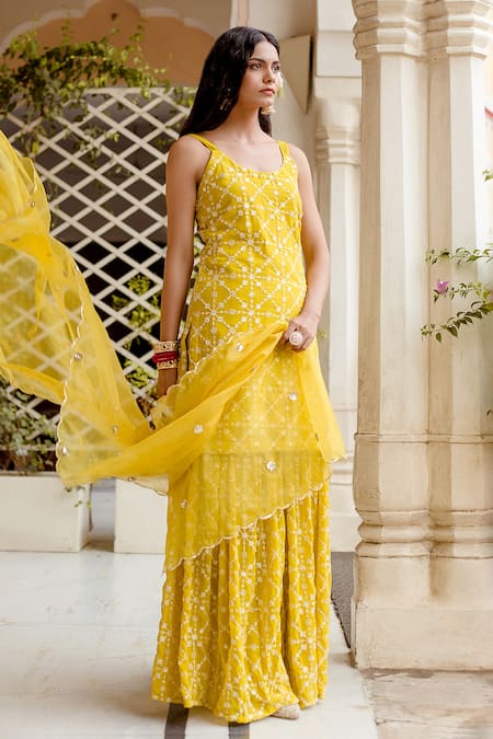 Buy Gulabo Jaipur Yellow Dupatta Organza, Kurta And Sharara Georgette Bahaar Embroidered Set Online at Aza Fashions Buy_Gulabo Jaipur_Yellow Dupatta Organza, Kurta And Sharara Georgette Bahaar Embroidered Set _Online_at_Aza_Fashions