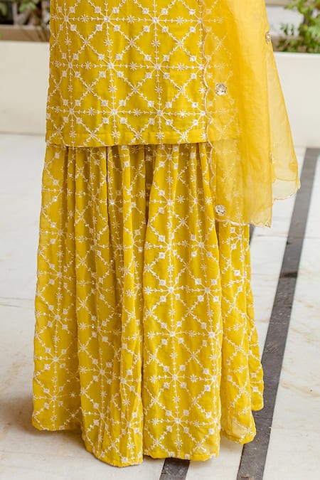 Gulabo Jaipur Yellow Dupatta Organza, Kurta And Sharara Georgette Bahaar Embroidered Set at Aza Fashions Gulabo Jaipur_Yellow Dupatta Organza, Kurta And Sharara Georgette Bahaar Embroidered Set _at_Aza_Fashions