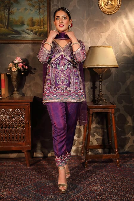 Laxmishriali Purple Kurta And Pant - Organza, Stole - Net Digital Print, Gold Embroidery, Set 