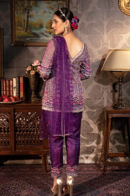 Shop Laxmishriali Purple Kurta And Pant - Organza, Stole - Net Digital Print, Gold Embroidery, Set at Aza Fashions Shop_Laxmishriali_Purple Kurta And Pant - Organza, Stole - Net Digital Print, Gold Embroidery, Set _at_Aza_Fashions