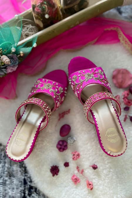 Modanta Footwear Fuchsia Floral Embroidered Wedges 