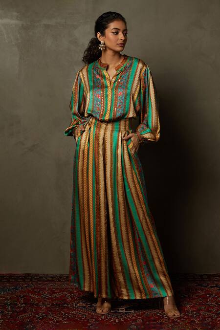 Buy_RI.Ritu Kumar_Yellow Silk Satin Striped Band Pattern Top And Pant Set _Online_at_Aza_Fashions