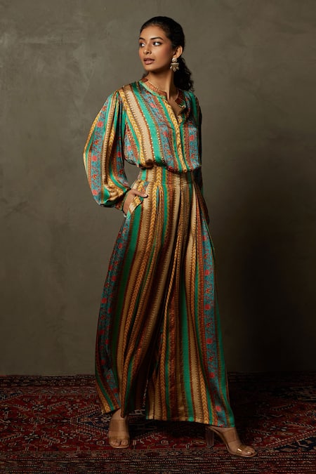 Shop_RI.Ritu Kumar_Yellow Silk Satin Striped Band Pattern Top And Pant Set _Online_at_Aza_Fashions