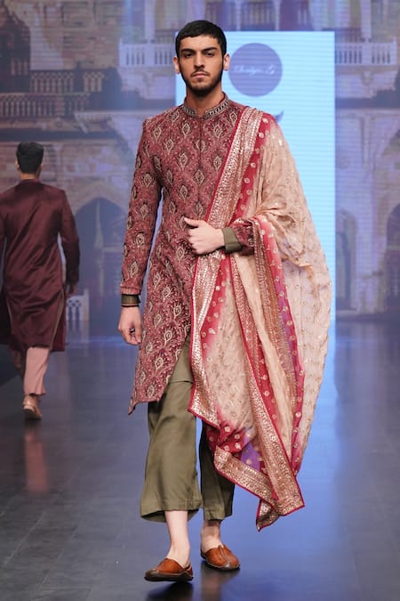 Soniya G_Maroon Raw Silk Leaf Motifs Embroidered Sherwani Set _Online_at_Aza_Fashions