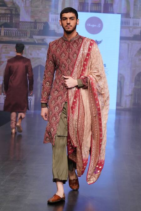 Buy_Soniya G_Maroon Raw Silk Leaf Motifs Embroidered Sherwani Set _Online_at_Aza_Fashions