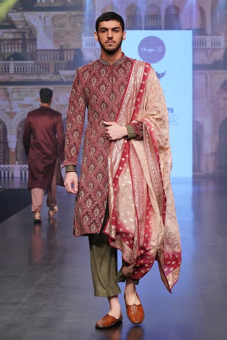 Shop_Soniya G_Maroon Raw Silk Leaf Motifs Embroidered Sherwani Set _Online_at_Aza_Fashions