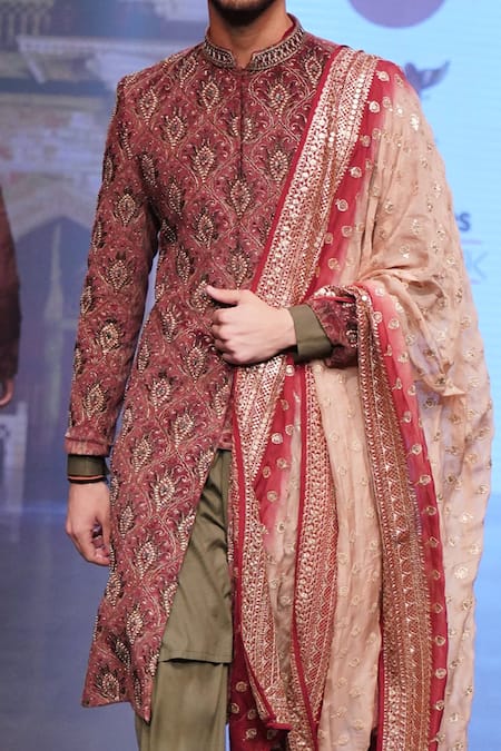 Soniya G_Maroon Raw Silk Leaf Motifs Embroidered Sherwani Set _at_Aza_Fashions