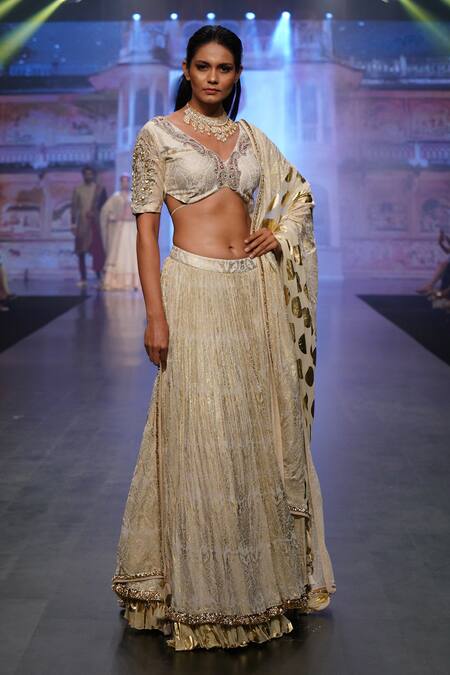 Shop_Soniya G_Ivory Pure Silk Blend And Embroidery Foil V Neck Lehenga Set _Online_at_Aza_Fashions