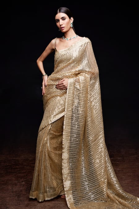 Sawan Gandhi_Gold Blouse Raw Silk Embellished Sequin Scoop Neck Saree With _Online_at_Aza_Fashions