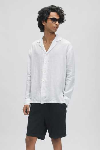Terra Luna_White 100% Linen Plain Pegasus Camp Collar Shirt_Online_at_Aza_Fashions