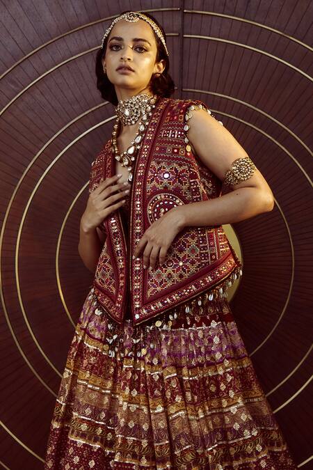Buy_Tarun Tahiliani_Maroon Cambric, Silk Jacquard Mirror, Resham, Tribal Open And Embroidered Gilet_Online_at_Aza_Fashions