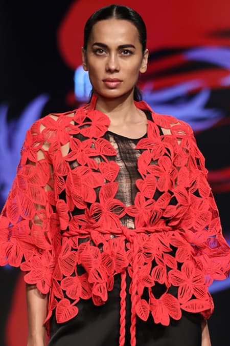 Rimzim Dadu_Red Polyester Chiffon Cutwork Jacket_Online_at_Aza_Fashions