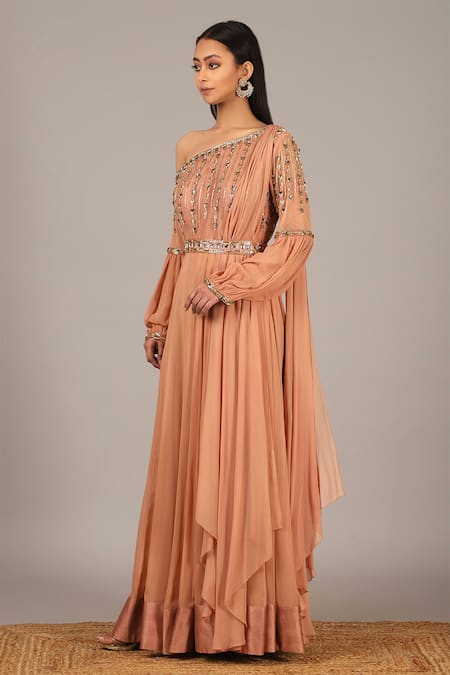 Nidhika Shekhar Pink Silk, Net, Georgette Asymmetric Embroidered One Shoulder Anarkali Gown Online at Aza Fashions Nidhika Shekhar_Pink Silk, Net, Georgette Asymmetric Embroidered One Shoulder Anarkali Gown _Online_at_Aza_Fashions
