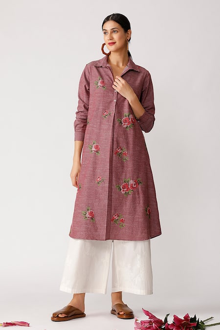 Payal Pratap_Purple Chambray Cotton Spread Collar Embroidered Tunic  _Online_at_Aza_Fashions