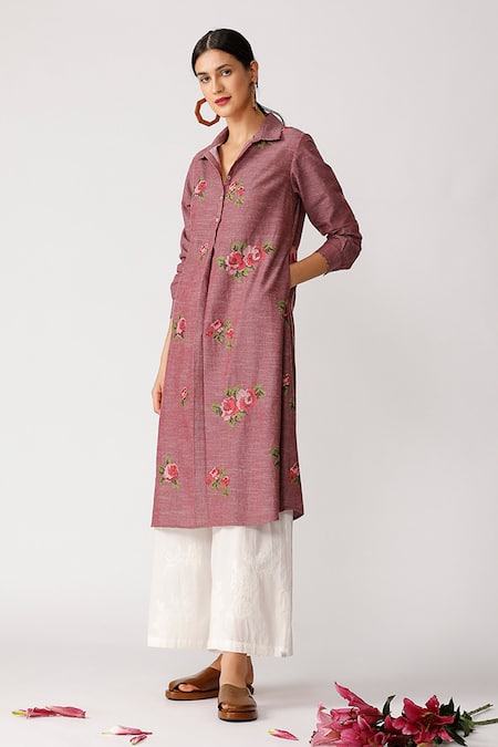 Buy_Payal Pratap_Purple Chambray Cotton Spread Collar Embroidered Tunic  _Online_at_Aza_Fashions