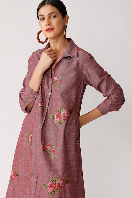 Shop_Payal Pratap_Purple Chambray Cotton Spread Collar Embroidered Tunic  _Online_at_Aza_Fashions